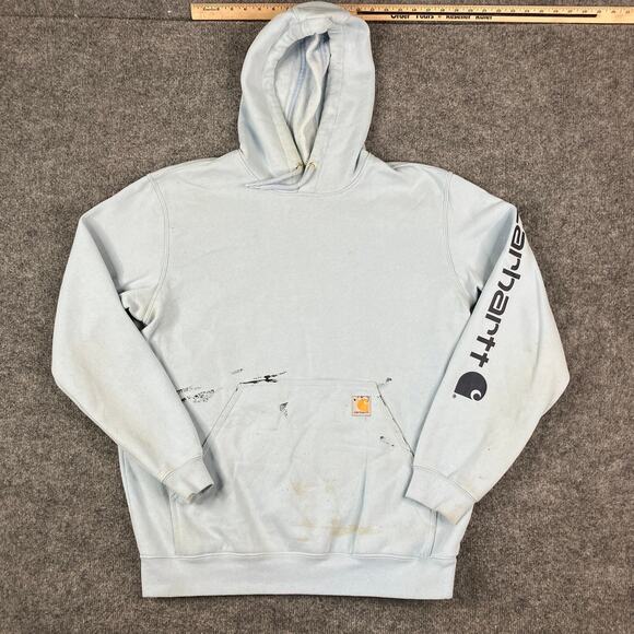 Carhartt Hoodie Mens Size L Light Blue Loose Fit Pullover Workwear Logo Sleeve - Picture 1 of 8